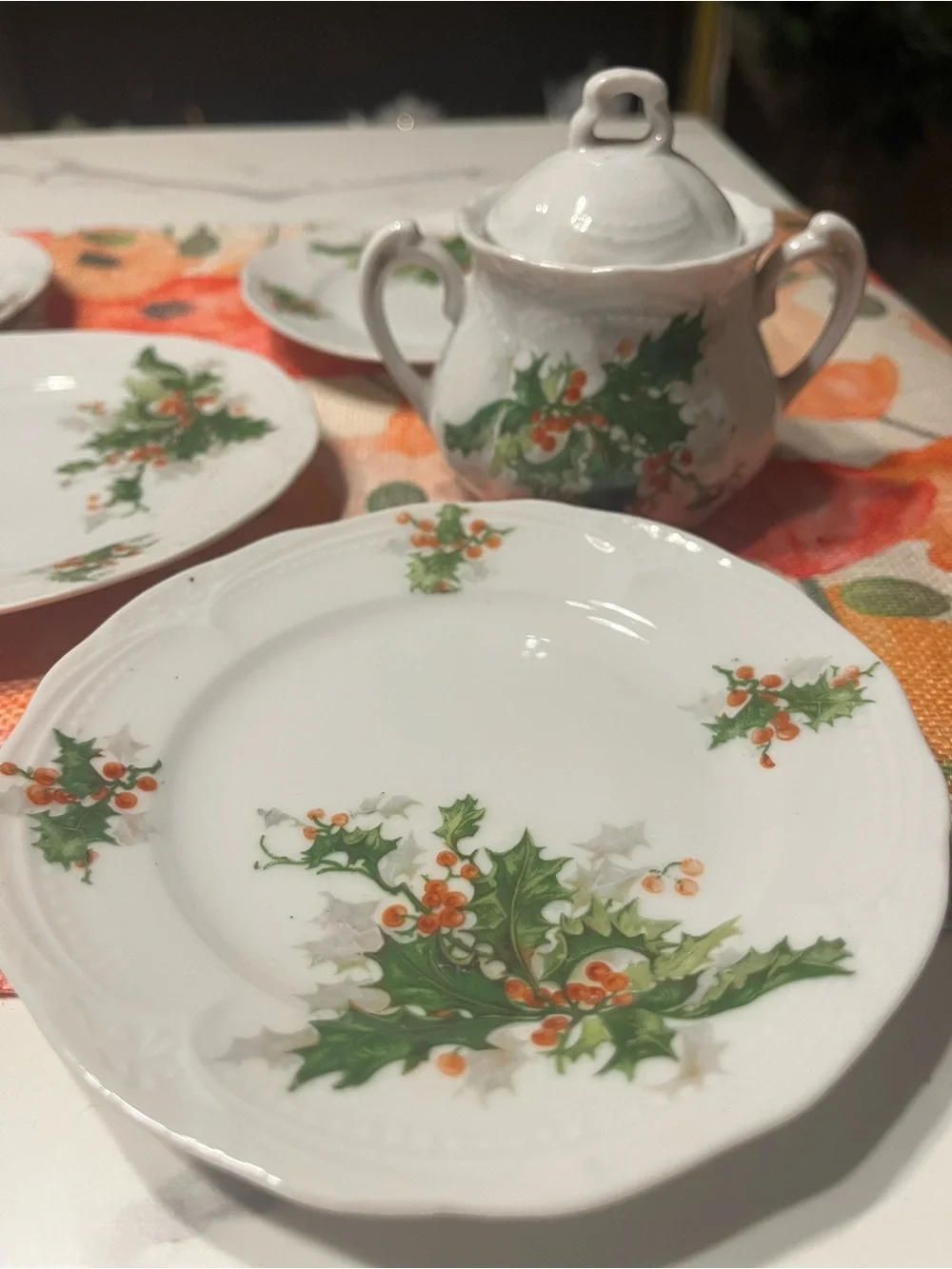 Vintage Germany Christmas Holly Berry Dessert Plate Set Creamer Sugar Pot